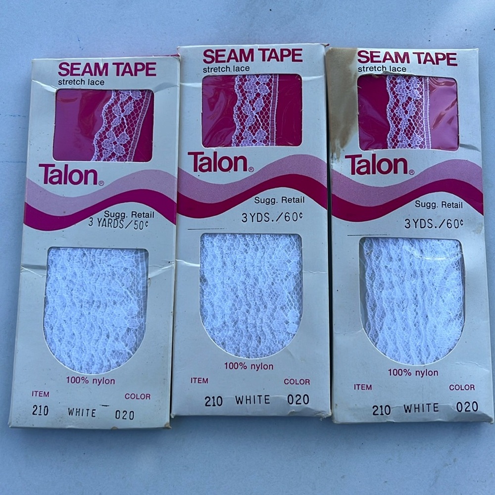 Vintage 1972 Talon seam tape set of 3 in white